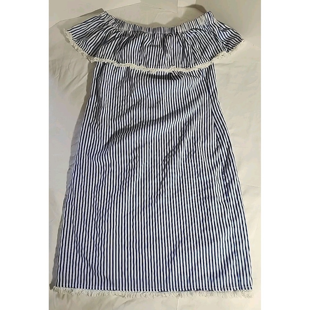 Sail To Sable Blue White Stripe Off Shoulder Shift Dress XS Fringe Hem
